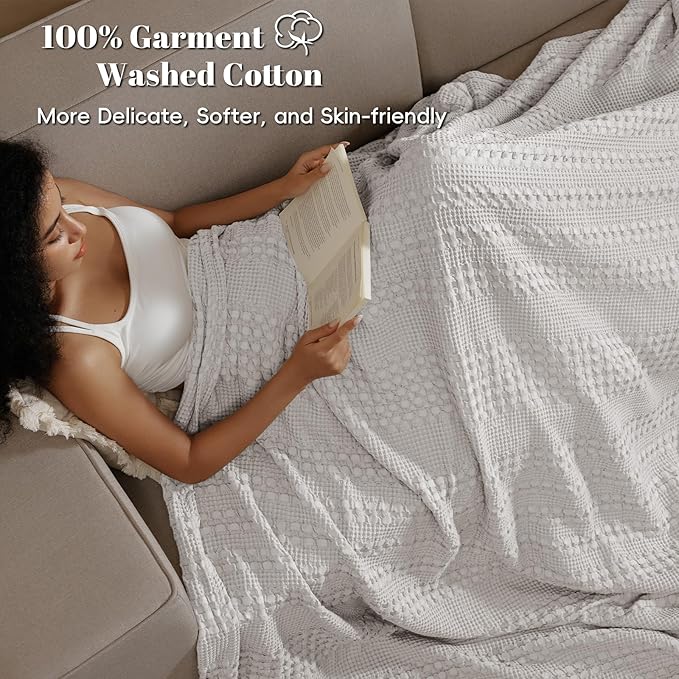 PHF 100% Cotton Waffle Weave Blanket Queen Size for Bed, Soft Lightweight & Breathable for Spring and Summer, All-Season Comfort, Luxury Aesthetic Blanket for Home Decor, 90"x90", Light Grey