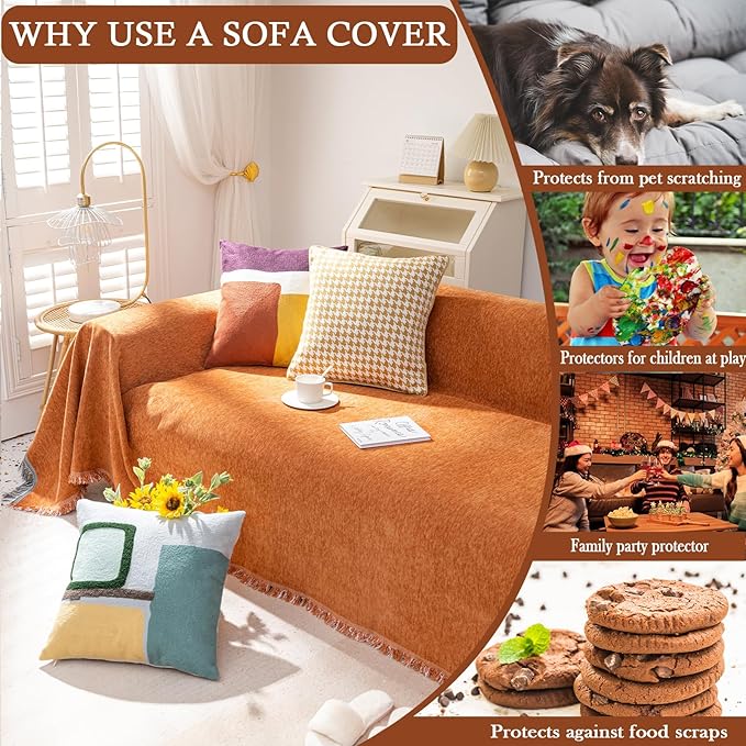 HANDONTIME Brunt Orange Sofa Cover Couch Covers for Sofa Washable Loveseat Covers Soft Chenille Couch Cover for Dogs Solid Caramel Couch Covers for 3 Cushion Couch Sofa Pet Friendly, 71" X118"