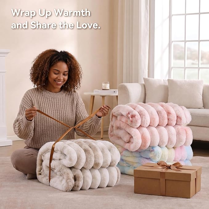 Smoofy Fluffy Faux Fur Throw Blanket - Super Soft Thick Plush Cozy Fuzzy Rabbit Fur, Luxury Warm Fleece Minky Stripe Blanket for Couch, Sofa, Room Decor Gift for Women, Tie Dye Pink Throw, 50x60