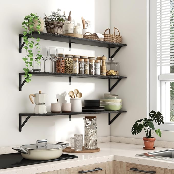 Axeman 40 Inch Floating Shelves | 8 Inch Deep Black Wall Shelves Set of 2 | 39.4" W x 8" D Rustic Black Wood Shelves for Bathroom Kitchen Living Room