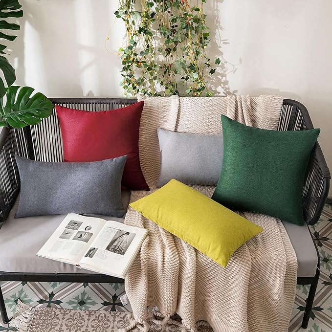MIULEE Pack of 2 Decorative Outdoor Solid Waterproof Throw Pillow Covers Faux Linen Garden Farmhouse Cushion Cases for Patio Tent Balcony Couch Sofa 20x12 Inch Emerald Green
