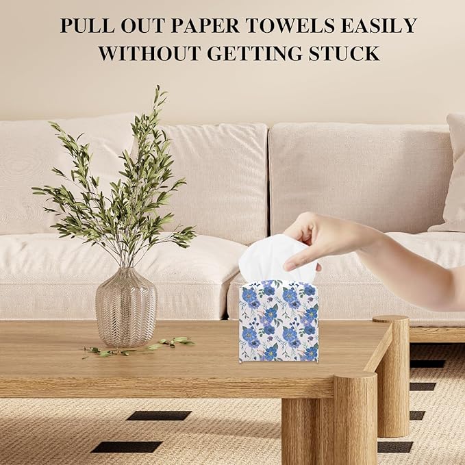 Blue Flowers Tissue Box Cover, Blue Floral Tissue Holder Square with Bottom Belt for Home Bathroom Office Vanity Countertop, Housewarming Gifts Ideas for Women Friends Mom Bestie -05