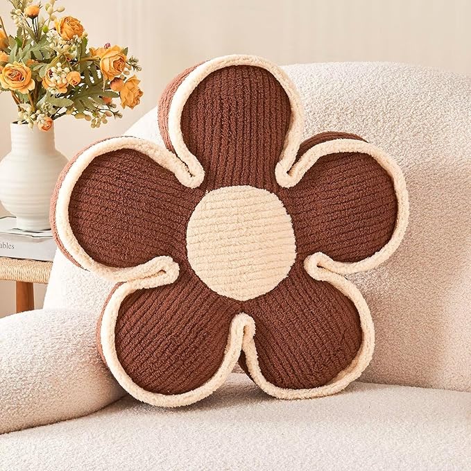 Kcvvcr Soft Flower Shaped Floor Cushion, Decorative Throw Pillow, Plush Bedroom Seating Cushion, 13.7 Inch Brown Flower Decor Plush Pillow