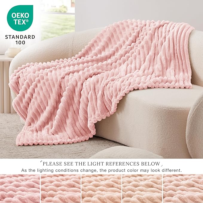 EXQ Home Fleece Blanket Twin Size for Couch or Bed - 3D Stripe Jacquard Decorative Blankets - Cozy Soft Lightweight Fuzzy Flannel Blanket Suitable for All Seasons(60"×80",Pink)