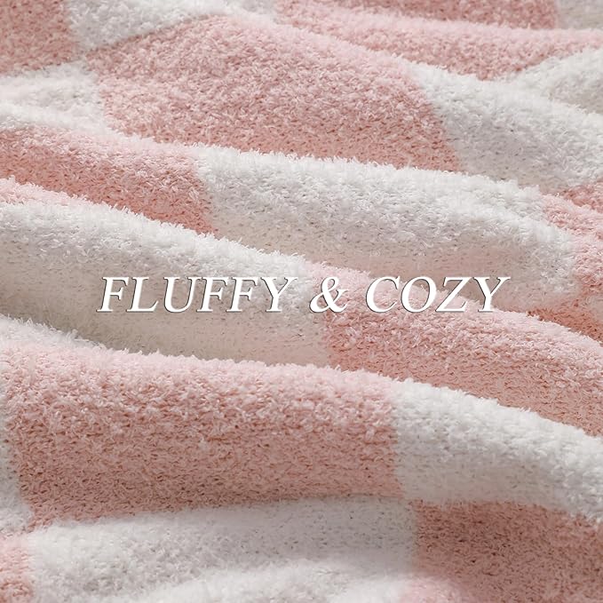 bearberry Fuzzy Checkerboard Grid Throw Blanket Soft Cozy Warm Microfiber Blanket Decor for Couch Sofa Bed Travel Home (Pink, 50''x60'')