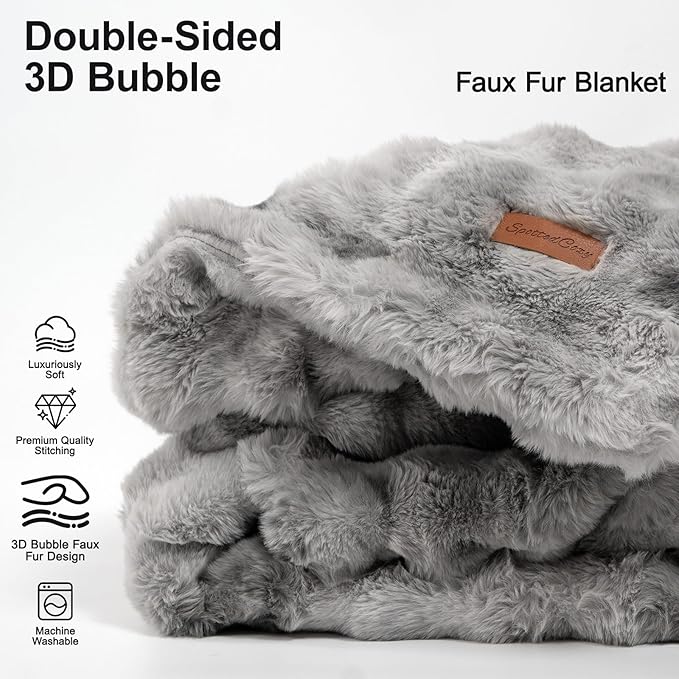 Premium Double-Sided Faux Fur Twin Blanket for Couch, Ultra Soft Gray Cozy Plush Fluffy 3D Bubble Blanket, for Bedroom Living Room Nap Travel Home Decor, 60" x 80"