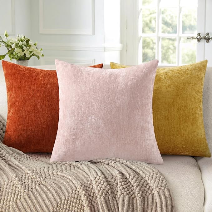 decorUhome Chenille Blush Pink Summer Throw Pillow Covers 16x16 Inch Set of 2, Decorative Soft Couch Pillow Covers Solid Dyed Accent Farmhouse Neutral Square Pillow Cases for Sofa
