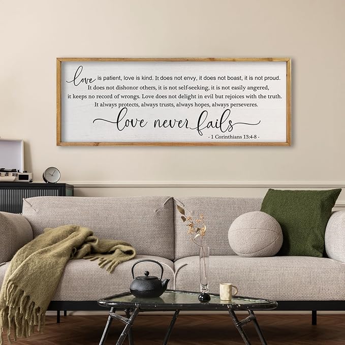 comurdyo Love is Patient Kind Sign 1 Corinthians 13:4-8 Wall Art Bible Verses 32X12 Inch Love Never Fails Wall Decor for Master Bedroom Above Bed (Wood)