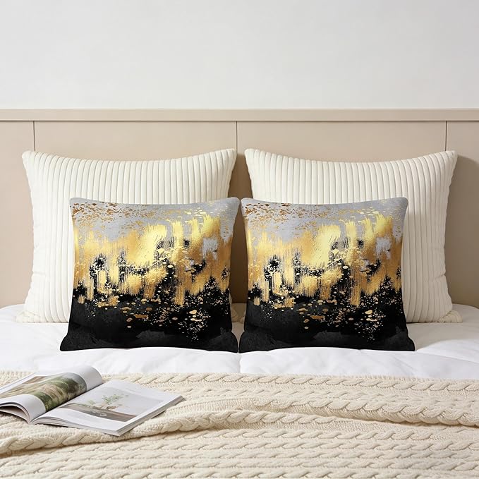 Black and Gold Abstract Throw Pillow Covers 18x18 Set of 2, Modern Luxury Gradient Art Decorative Gold Pillow Cases, Boho Cushion Covers for Sofa Living Room Couch Bedroom, Spring Easter Home Decor