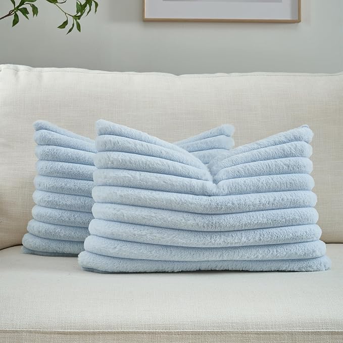 FUTEI Light Blue Decorative Throw Pillow Covers Set of 2, 12x20 Inch Soft Fluffy Faux Fur Plush Striped Lumbar Pillowcases, Modern Home Decor for Couch Bed Living Room