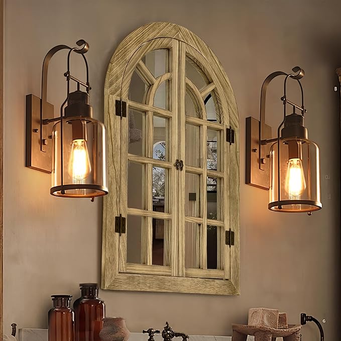 Window Mirrors for Wall Decor -Arched Wall Mirror Farmhouse Wall Decor Wood Frame Decorative Wall Mirrors Like Window for Bedroom, Living Room, Entrance, Dining Room