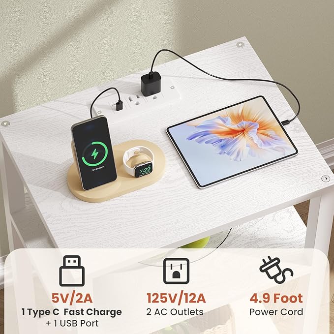 Side Table with Fast Charging Station, 3 Tier Tall End Table for Small Space, Narrow Side Table with Type C and USB Port, End Tables for Living Room Bedroom, Office, Nursery, White