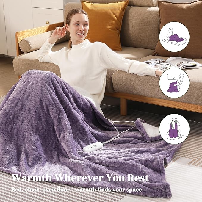 Electric Blanket Queen 84"x90" Heated Blanket Queen Size Dual Control Wheat Pattern Ultra-soft Flannel & Thick Sherpa with 5 Heat Settings & 10H Auto Off, FCC/ETL Certified, Machine Washable, Lavender