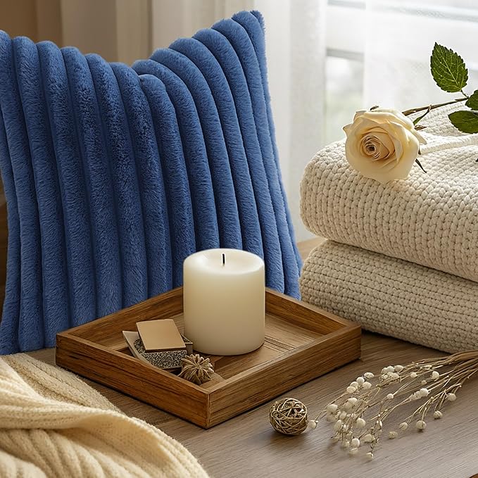 decorUhome Cozy Faux Fur Throw Pillow Covers 12x12 Set of 2 Decorative Soft Plush Striped Modern Farmhouse Boho Couch Pillow Cases with Velvet Back for Sofa Bed Living Room, Navy Blue