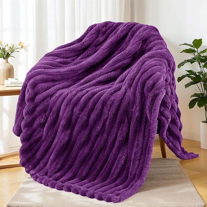 Exclusivo Mezcla Fleece Throw Blanket for Couch, Super Soft Striped Jacquard Bed Blanket, Lightweight Fuzzy Cozy for All Seasons, 50x60 Inches, Purple