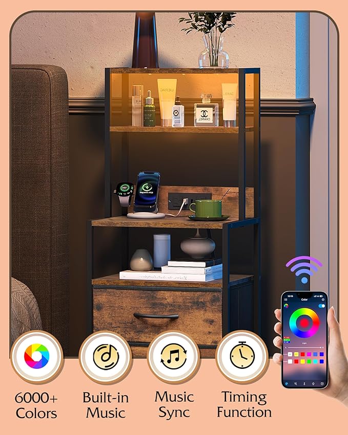 WLIVE Tall Nightstand with Charging Station, LED Night Stand with 4 Drawers and Storage Open Shelves, Fabric Dresser for Bedroom, Living Room, Office, Rustic Brown