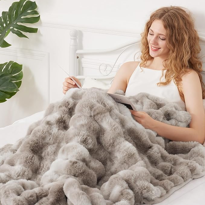Comelady Faux Rabbit Fur Throw Blanket for Couch,Soft Fluffy Thick Bubble Blanket for Bed Sofa Room Decor-Lightweight Cozy Fuzzy Blanket Gifts for Women Men,Tie-dye Brown,50"×60"