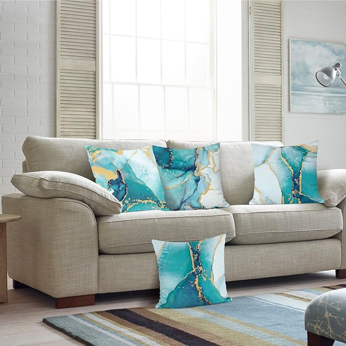 Bonhause Turquoise Marble Throw Pillow Covers 16x16 Inch Set of 4 Two-Sided Teal Gold Abstract Art Modern Decorative Pillows Case Soft Velvet Outdoor Cushion Covers for Couch Sofa Bed Home Decor