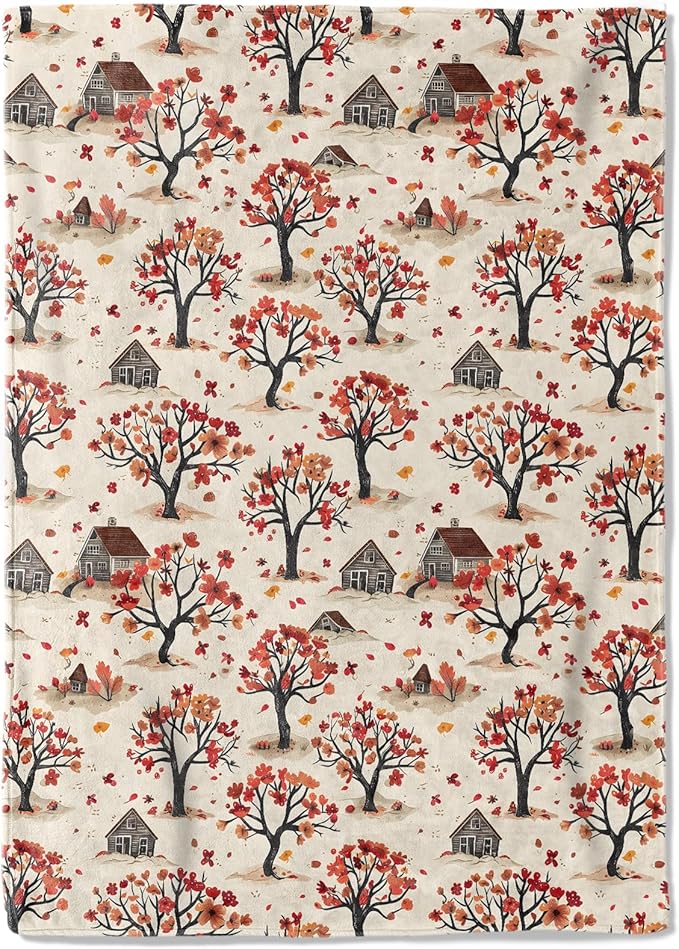 Farmhouse Cottage Fleece Blanket - 60x80in Cute Rustic Fall Tree Throw Blankets,Soft Cozy Lightweight, Ideal for Living Room Home Whimsical Decor and Kids Women Girls Spring Gifts