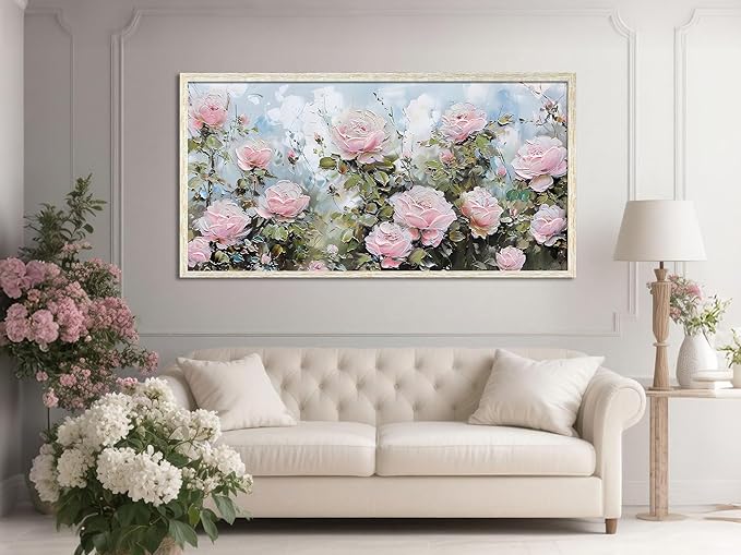 Ardemy Pink Rose Wall Art Canvas for Living Room, Flower Painting Modern Textured Floral Bedroom Picture Artwork Framed Home Office Kitchen Decor, Large 40"x20"
