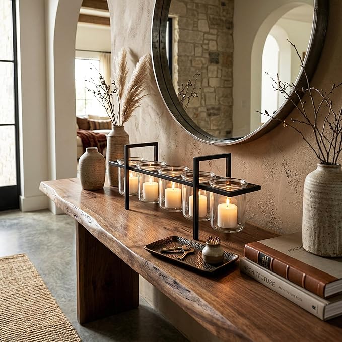 Seraphic 5-Cup Rustic Modern Floating Candle Holder Table Centerpiece Decoration for Dining Room, Kitchen, Patio, Weddings, Metal Iron with Glass Cups, 16" Long