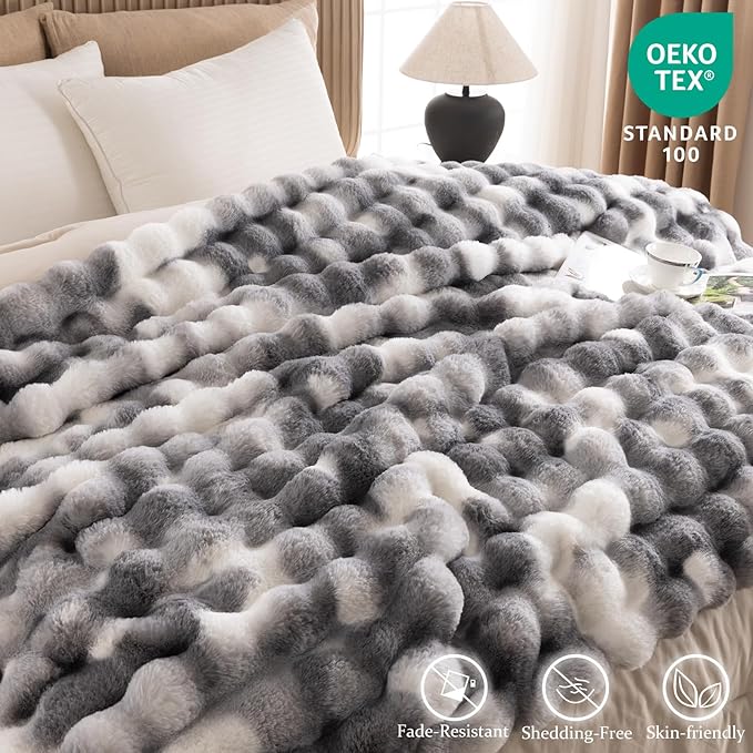 Cozy Faux Fur Throw Blanket for Couch-Warm Fuzzy Throw Blanket, Soft Plush Thick Bubble Blankets for Bedroom and Living Room, Furry Luxury Blanket, 50 x 60,Tie-Dye Grey
