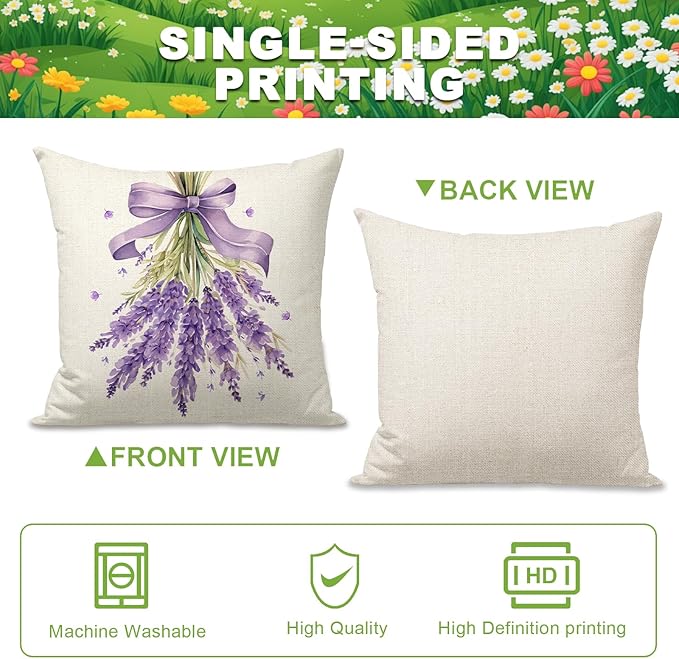 Spring Pillow Covers 18x18 Inch Set of 4 Lavender Home Sweet Home Purple Throw Pillows Decorative Pillow Cases Summer Seasonal Farmhouse Decorations for Sofa Couch
