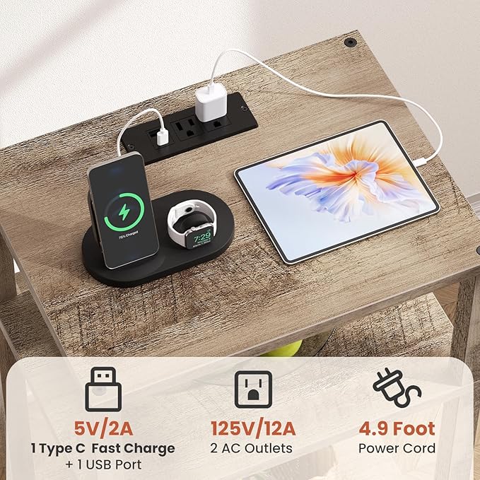 3 Tier Tall Side Table with Fast Charging Station, Narrow End Table for Small Space, Skinny Nightstand with Type C and USB Port, End Tables for Living Room, Bedroom, Office, Greige