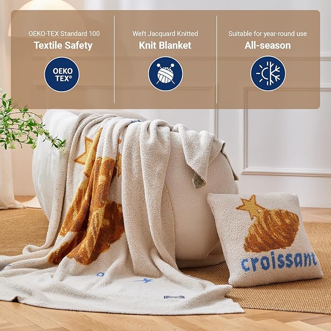 YIRUIO Croissant Pattern Plush Blanket & Pillowcase Set,Ultra Soft Cozy Warm Thick Fuzzy Fluffy 50x60 Throw Beige with 18x18 Pillow Cover for Bed Sofa Couch Home Decor Gift