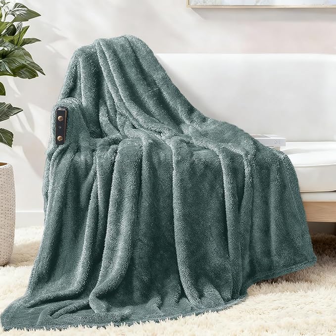 Exclusivo Mezcla Plush Fuzzy Fleece Throw Blanket Extra Large, Super Soft, Fluffy and Warm Blankets for Couch, Bed, All Season (Celadon, 50x70 inches)
