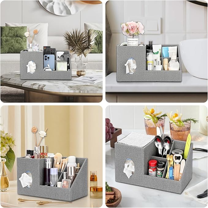 Sumnacon Square Linen Tissue Box Cover - Decorative Cube Tissue Cover with Side and Top Organizer, Modern Tissue Holder for Living Room Vanity Night Stand Table Countertop Office, Grey