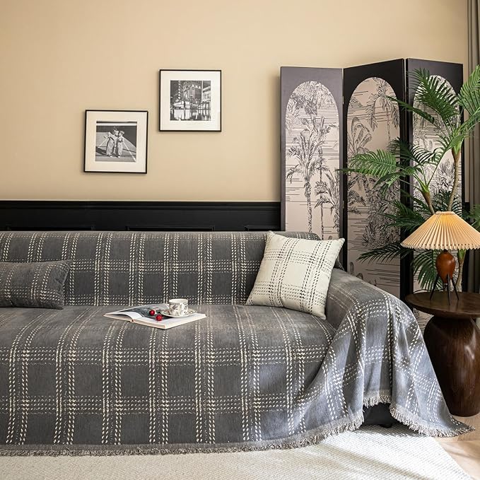 HANDONTIME Plaid Couch Cover for Dogs Washable, Geometric Buffalo Check Sofa Slipcover Chic White Sofa Cover for Pets Chenille Couch Cover Stays on Pet Furniture Covers Thick & Soft (Grey, 71"x134")