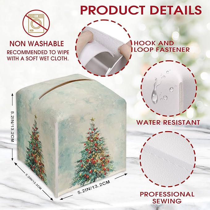 Christmas Trees Tissue Box Cover Leather, Christmas Tissue Box Cover Square, Facial Paper Organizer for Table Top Nightstands Desk Bathroom Kitchen Car Office Home Decor(5.2 Inches)-B01