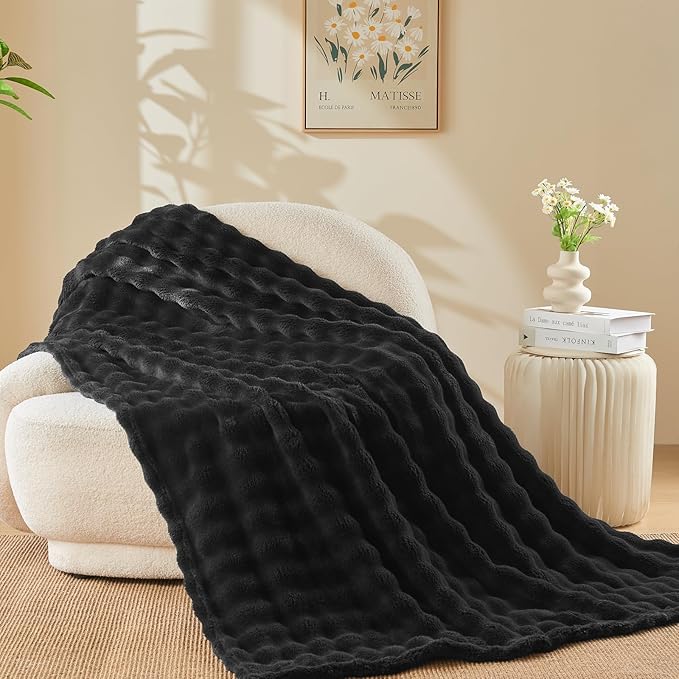 NEWCOSPLAY Throw Blanket for Couch Black Super Soft Flannel Fleece 3D Bubble Lightweight Bed Blanket All Season Use (Black, Throw(50"x60"))