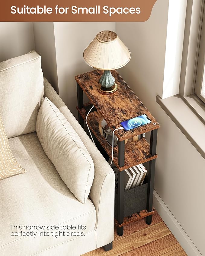 Set of 2 End Tables with Charging Station, Narrow Side Table for Small Spaces, Slim Nightstand with Basket, Skinny Bedside Table, for Living Room, Bedroom, Rustic Brown and Black TBZ07UP2BF