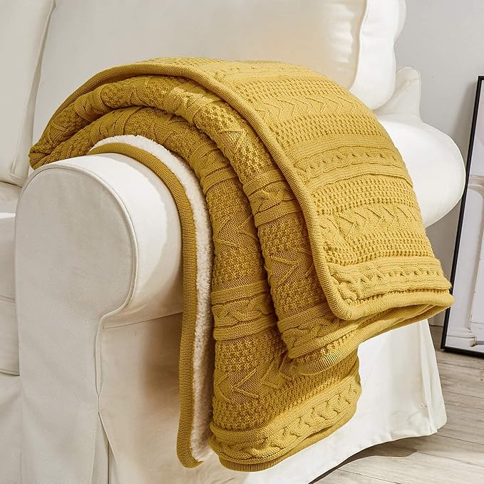Longhui bedding Mustard Yellow Sherpa Throw Blanket - Thick, Soft, Big, Cozy Yellow Acrylic Cable Knit Fleece Blankets for Couch, Sofa, Bed - Large 60 x 80 Inches Coverlet All Season