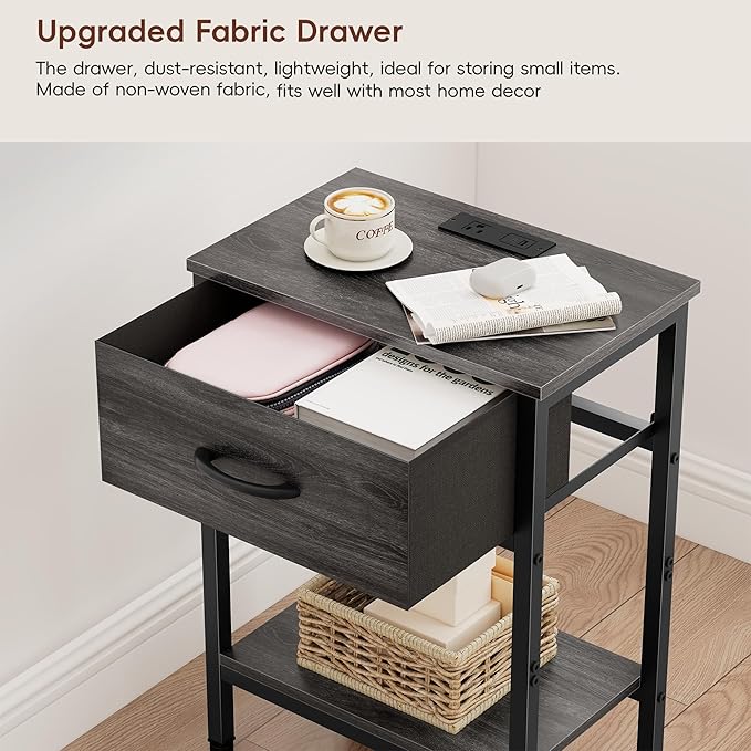 Vagusicc Nightstand Set of 2 with Charging Station, Bed Side Table with Fabric Drawer, Small End Table with 2-Tier Open Shelves, 25.4" Tall Night Stand Bedside Table for Bedroom Living Room, Black Oak