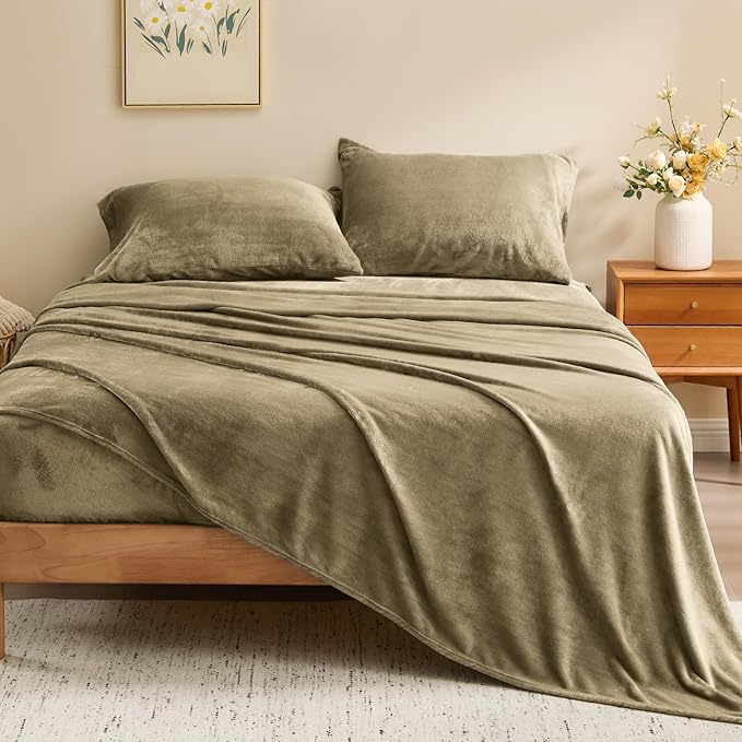 BEDELITE Flannel Sheets King Size Camel - Super Soft Fleece Sheets Set Fluffy Extra Plush, 4 Piece(Include Fitted Sheet, Flat Sheet, 2 Pillowcases)