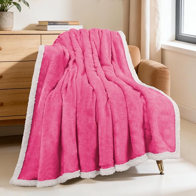 BEAUTEX Sherpa Fleece Throw Blankets, Soft Fluffy Flannel Plush Blanket and Throw, Fuzzy Cozy Pink Cuddle Blankets for Couch Bed Sofa Adults (50" x 60", Pink)