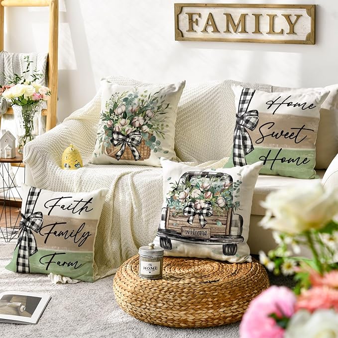 AVOIN colorlife Home Sweet Home Farmhouse Eucalyptus Leaves Throw Pillow Covers, 16 x 16 Inch Truck Stripes Buffalo Plaid Cushion Case Decorations Set of 4