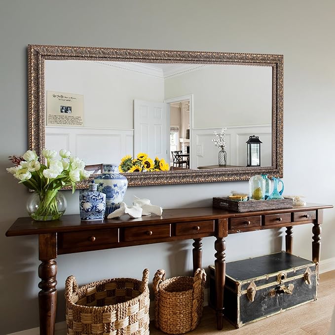 Chende 60" L x 31" W Large Full Length Mirror for Bedroom, Antique Bronze Decorative Mirror with Ornate Solid Wood Frame, Rectangular, Long Narrow Leaves Design, Unique