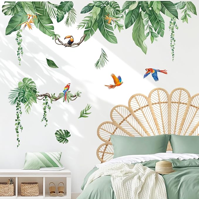 decalmile Tropical Jungle Leaves Wall Decals Palm Leaf Hanging Vines Green Plants Wall Stickers Living Room Bedroom Tv Background Wall Decor