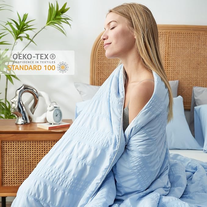 Cozy Bliss Seersucker Cooling Comforter Queen Size, Q-Max 0.45 Reversible Lightweight Cooling Blanket, Breathable Silk Smooth Summer Bedding Quilt for Hot Sleepers Night Sweats Cold Blue