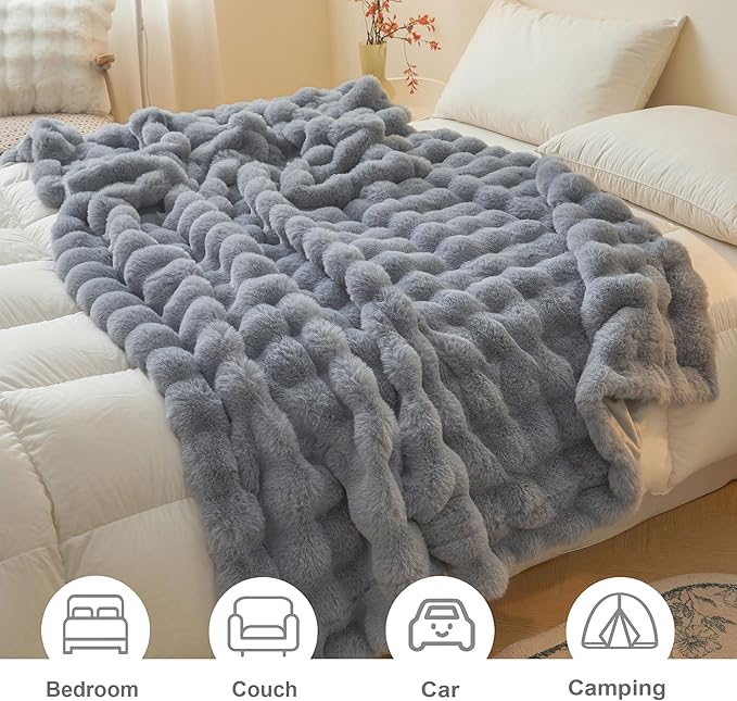LIFEREVO Luxury Fluffy Faux Rabbit Fur Throw, Plush Fuzzy Bubble Blanket for Couch Sofa, Soft Cute Furry Bed Blanket Home Decoration, Shaggy Throw for Bedroom Living Room Office, 50x60, Light Grey