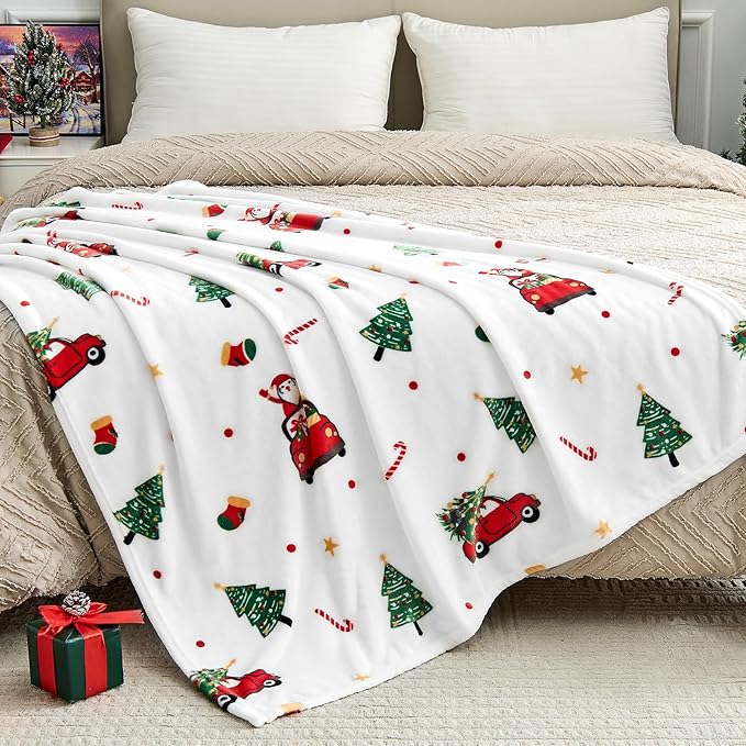 Christmas Blanket - White Holiday Throw with Santa Claus & Snowman - Warm Cozy Fleece Winter Blanket, 50x60 Inches，White