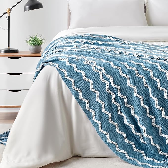 BOURINA Fluffy Chenille Knitted Fringe Throw Blanket Lightweight Soft Cozy for Bed Sofa Chair Throw Blankets, Blue 50" x 60"