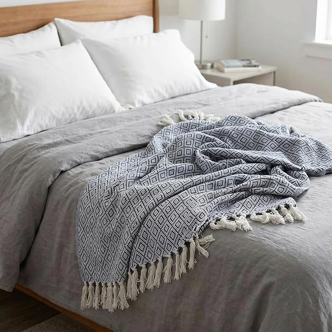 Americanflat 50x60 Throw Blanket - Soft and Breathable Cotton Throw Blanket for Couch, Bed, Chair - Decorative Blankets Perfect for Home or Outdoor Use - Navy Blue and White Double Diamond Design