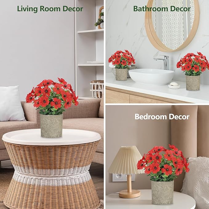 2 Pack Small Fake Plants Potted Artificial Plants Artificial Flowers Potted Faux Flower Daisy with Eucalyptus Leaves for Home Decor Office Room Farmhouse Indoor Table Bathroom Decor（Red）
