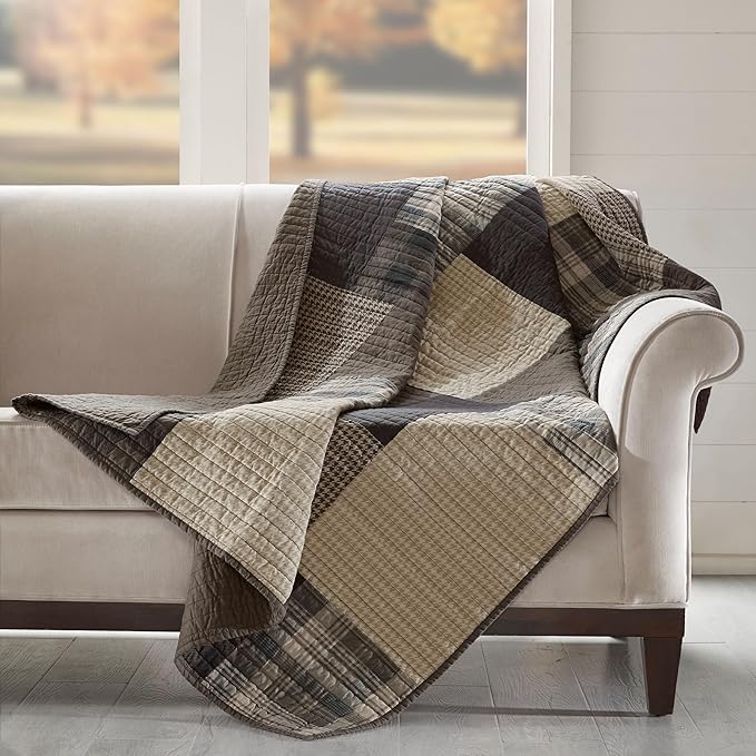 Woolrich Luxury Quilted Throw - Cabin Lifestyle, Patchwork with Moose Design All Season, Lightweight and Breathable Cozy Bedding Layer Throws for Couch Sofa, 50" W x 70" L, Winter Hills Tan