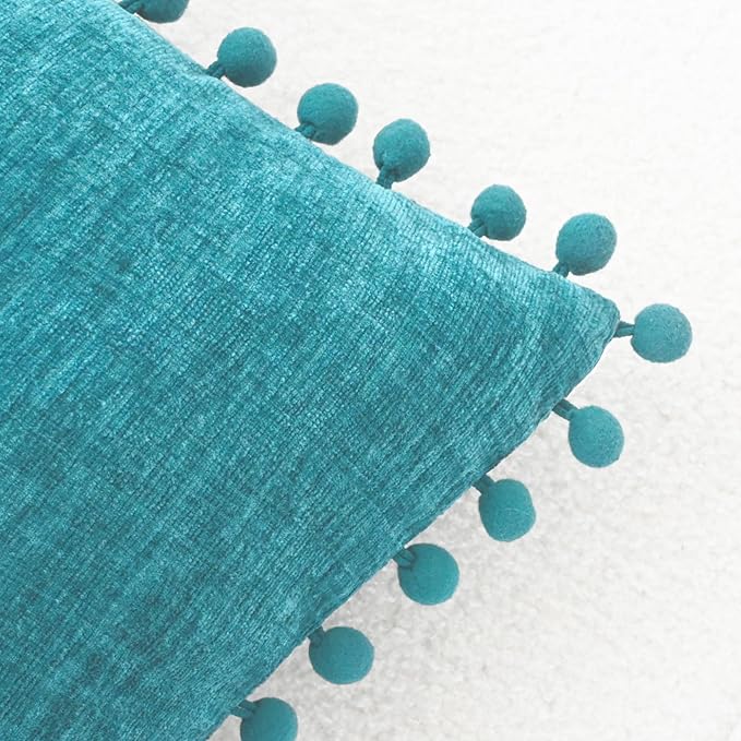 CaliTime Throw Pillow Covers Decorative 18 X 18 Inches Pack of 2 Cozy Solid Dyed Soft Chenille Cushion Cases with Pom Poms for Couch Sofa Bed Living Room Home Lake Blue